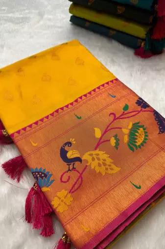 Yellow silk blend saree with paithani weaved pallu and blouse