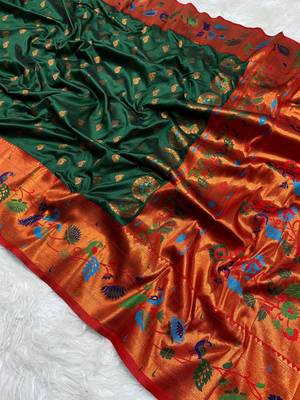 Green silk blend saree with paithani weaved pallu and blouse 1