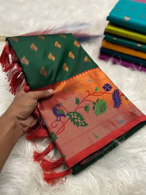 Green silk blend saree with paithani weaved pallu and blouse 2