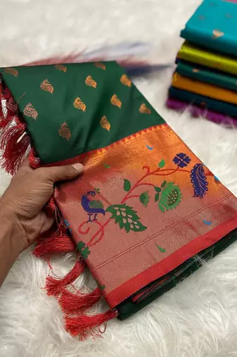 Green silk blend saree with paithani weaved pallu and blouse
