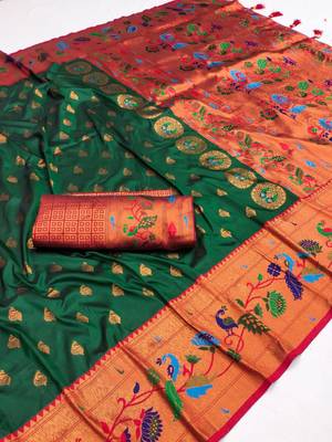 Green silk blend saree with paithani weaved pallu and blouse 3