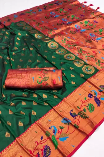 Green silk blend saree with paithani weaved pallu and blouse
