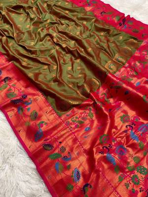 Mehendi silk blend saree with paithani weaved pallu and blouse 1