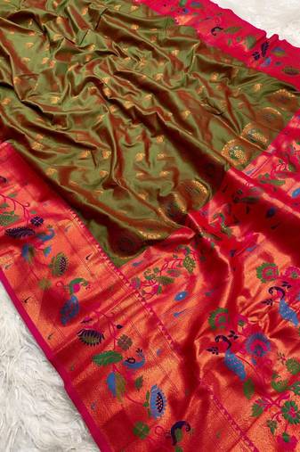 Mehendi silk blend saree with paithani weaved pallu and blouse