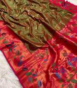 Mehendi silk blend saree with paithani weaved pallu and blouse