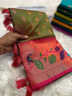 Mehendi silk blend saree with paithani weaved pallu and blouse 2