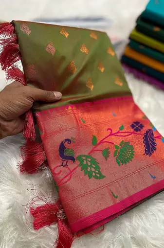 Mehendi silk blend saree with paithani weaved pallu and blouse