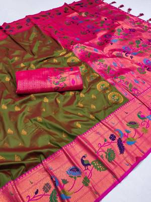 Mehendi silk blend saree with paithani weaved pallu and blouse 3