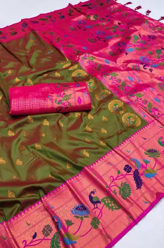 Mehendi silk blend saree with paithani weaved pallu and blouse