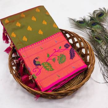 Mehendi silk blend saree with paithani weaved pallu and blouse 4