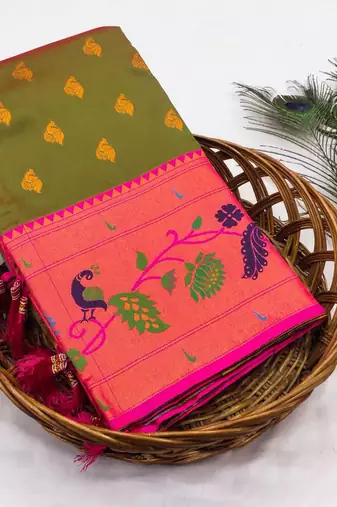 Mehendi silk blend saree with paithani weaved pallu and blouse