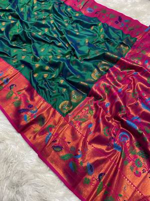 Rama green silk blend saree with paithani weaved pallu and blouse 1