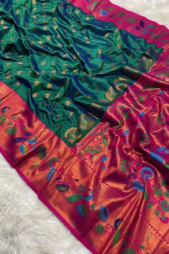 Rama green silk blend saree with paithani weaved pallu and blouse