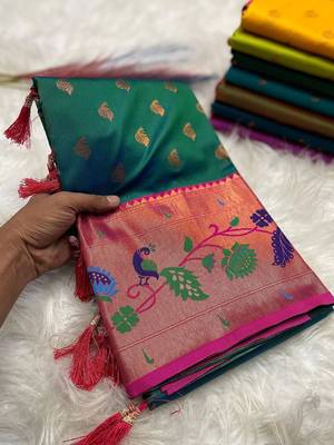 Rama green silk blend saree with paithani weaved pallu and blouse 2