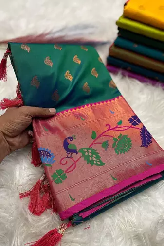 Rama green silk blend saree with paithani weaved pallu and blouse