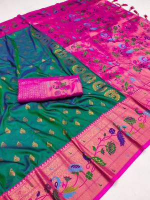 Rama green silk blend saree with paithani weaved pallu and blouse 3