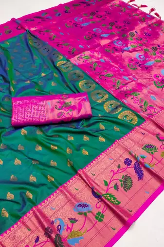 Rama green silk blend saree with paithani weaved pallu and blouse