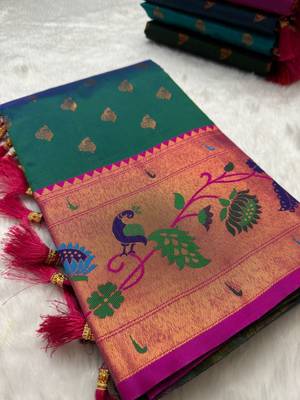 Rama green silk blend saree with paithani weaved pallu and blouse 4