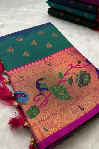 Rama green silk blend saree with paithani weaved pallu and blouse