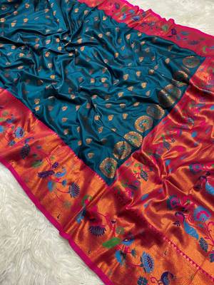 Teal blue silk blend saree with paithani weaved pallu and blouse 1