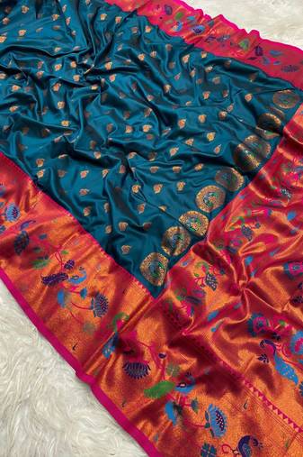 Teal blue silk blend saree with paithani weaved pallu and blouse