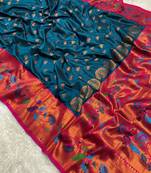Teal blue silk blend saree with paithani weaved pallu and blouse
