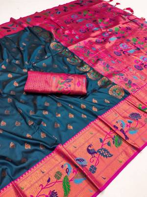 Teal blue silk blend saree with paithani weaved pallu and blouse 2
