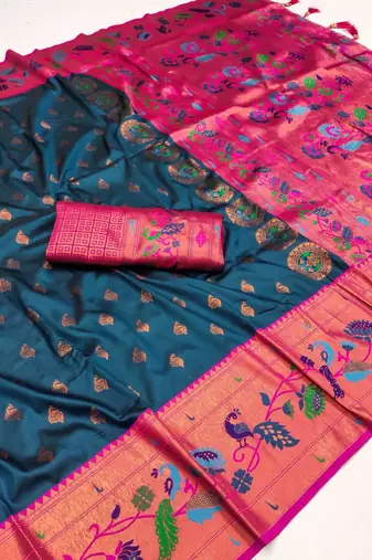 Teal blue silk blend saree with paithani weaved pallu and blouse