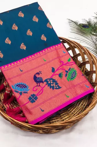 Teal blue silk blend saree with paithani weaved pallu and blouse