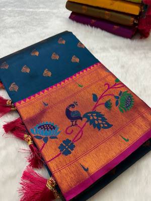 Teal blue silk blend saree with paithani weaved pallu and blouse 4