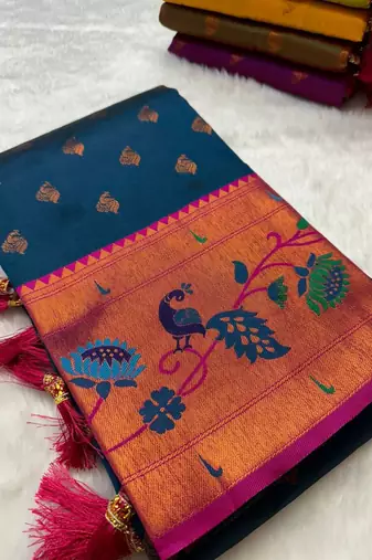 Teal blue silk blend saree with paithani weaved pallu and blouse