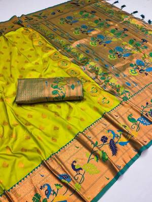 Parrot green silk blend saree with paithani weaved pallu and blouse 1