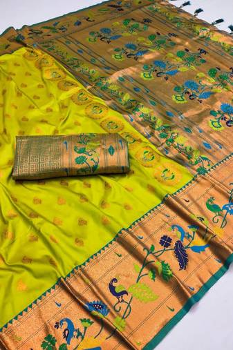 Parrot green silk blend saree with paithani weaved pallu and blouse