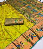 Parrot green silk blend saree with paithani weaved pallu and blouse