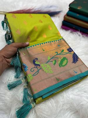 Parrot green silk blend saree with paithani weaved pallu and blouse 2