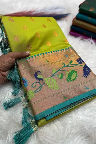 Parrot green silk blend saree with paithani weaved pallu and blouse