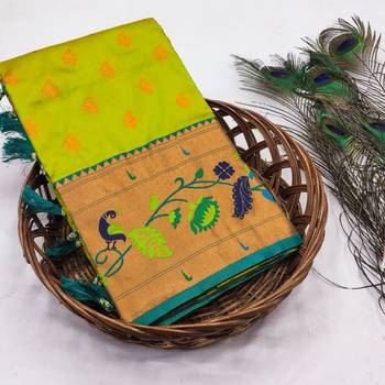 Parrot green silk blend saree with paithani weaved pallu and blouse 3
