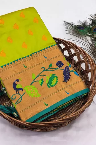 Parrot green silk blend saree with paithani weaved pallu and blouse