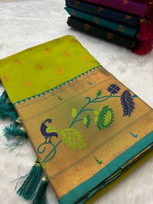 Parrot green silk blend saree with paithani weaved pallu and blouse 4