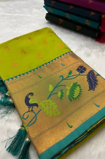 Parrot green silk blend saree with paithani weaved pallu and blouse