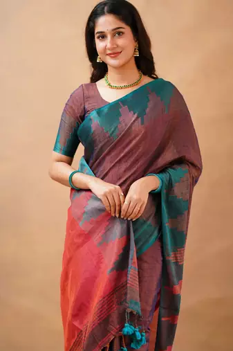 Trendmalls Trendmalls Purple tissue cotton handloom saree with unstitched blouse piece