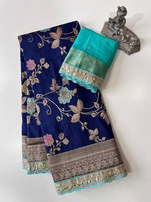 navy blue dola silk blend zari weaving saree 1