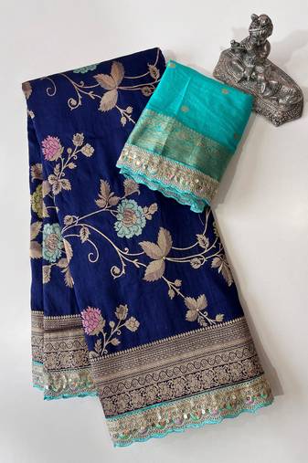 navy blue dola silk blend zari weaving saree