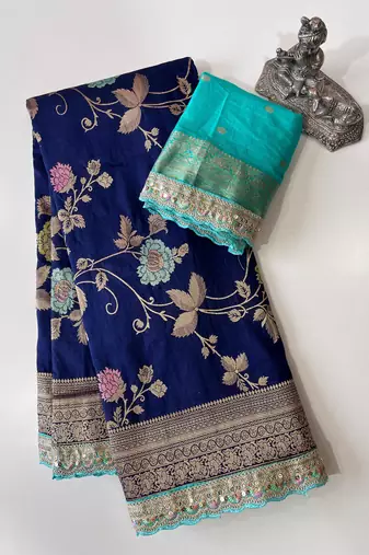 navy blue dola silk blend zari weaving saree