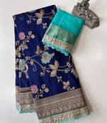 navy blue dola silk blend zari weaving saree