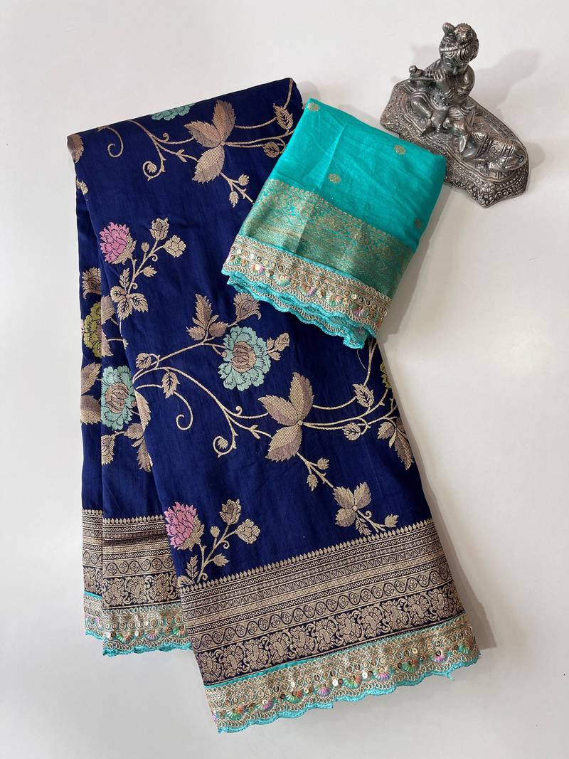 navy blue dola silk blend zari weaving saree