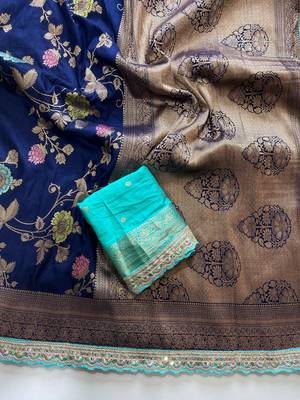 navy blue dola silk blend zari weaving saree 2