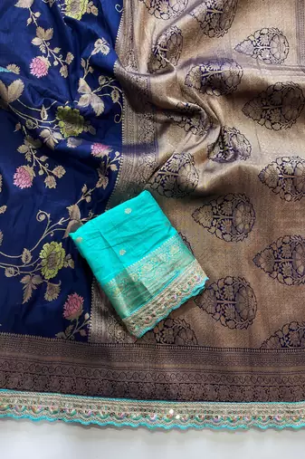 navy blue dola silk blend zari weaving saree