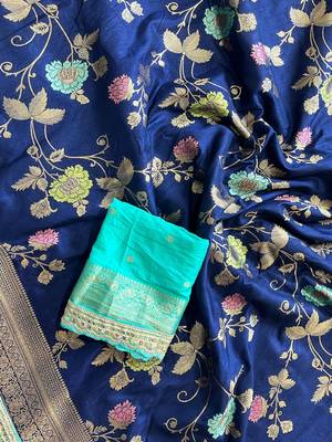 navy blue dola silk blend zari weaving saree 3