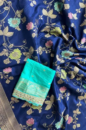 navy blue dola silk blend zari weaving saree